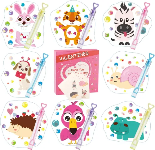 Cartas de San Valentín para niños – 32 mini varitas de burbujas + 32 cartas de San Valentín para niños, 8 lindos diseños de animales, para la