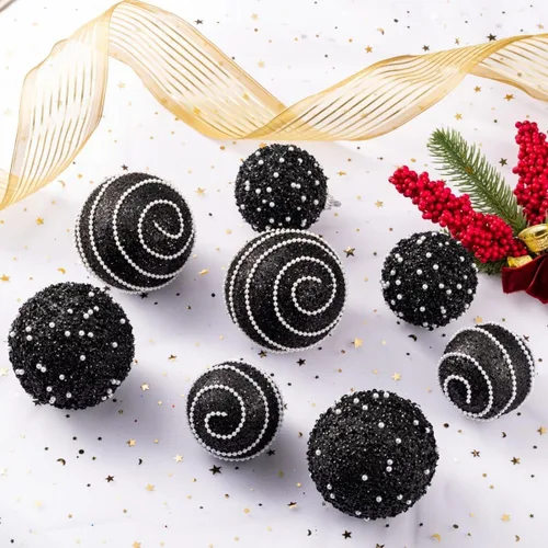 Miniatura 3 de Adornos de Bolas de Navidad Negras, Decoraciones de Bolas de Navidad de Plástico Irrompible Colgantes con Perlas para Fiestas Navideñas