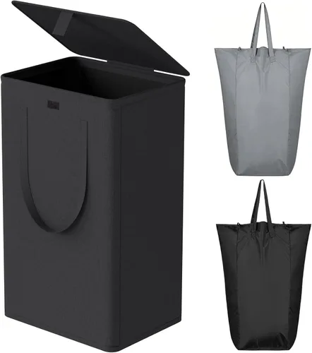 WOWLIVE Cesta de lavandería de 100 litros con tapa, cesta plegable grande con 2 bolsas y asas extraíbles, cesta de ropa sucia plegable alta para