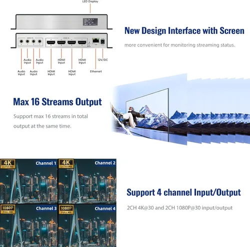 Miniatura 3 de Codificador de video HDMI 4K H.265 264 MJPEG de 4 canales con pantalla, salida máxima de 16 alimentaciones, audio adicional HTTP RTSP RTMP RTMPS SRT