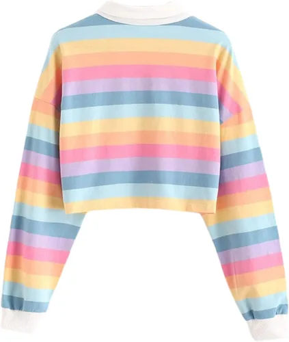 Miniatura 3 de Remidoo - Sudadera con manga larga para mujer, diseño de rayas, estilo crop top, cuello con botones a media altura, arcoíris