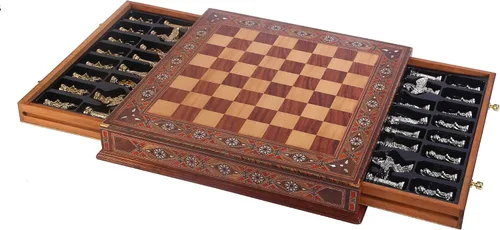 Miniatura 8 de Juego de ajedrez de metal para adultos, figuras históricas antiguas de cobre Roma, piezas hechas a mano y tablero de ajedrez de madera maciza