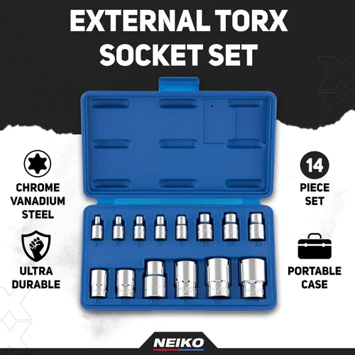 Miniatura 2 de NEIKO 04300A E-Torx Juego de Zócalos, 14 Piezas, Toma Torx Externa, E4 a E24, 1/4", 3/8" y 1/2" Unidad, Torx Externo Hembra, Torx Invertido, Acero