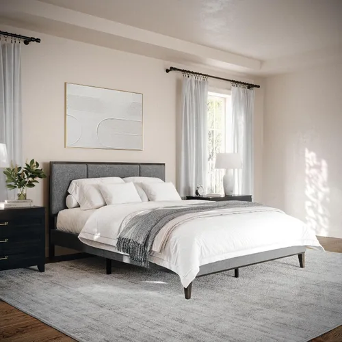 Miniatura 14 de Martha Stewart Jett - Cama de plataforma con cabecero, cabecera y base tapizada de tela, marco de madera maciza, no necesita somier, tamaño Queen