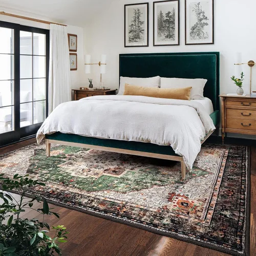 Miniatura 6 de Alfombra de área de 5 x 7 pies para sala de estar, alfombra verde boho antideslizante lavable, alfombra vintage de pelo bajo, alfombra grande