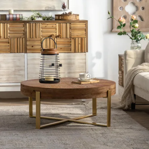 Miniatura 11 de Mesa de café redonda moderna retro con empalmes de 31.29", tablero de madera de abeto con base de patas cruzadas negras Negro (31.1 in)