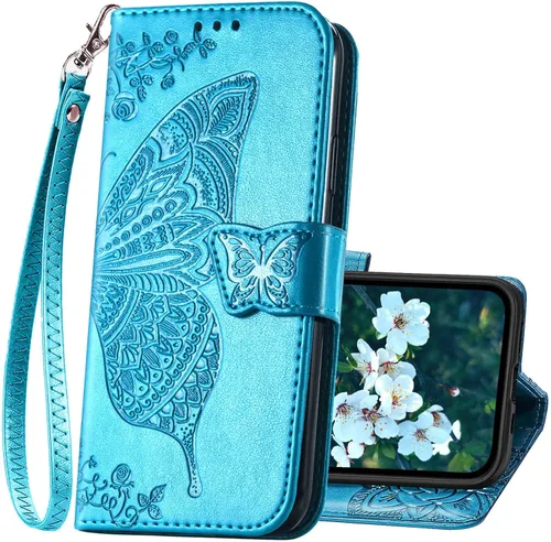 Funda tipo cartera para iPhone 13 para mujeres, diseño plegable tipo folio con mariposa en relieve, cuero PU con soporte, ranuras para tarjetas de