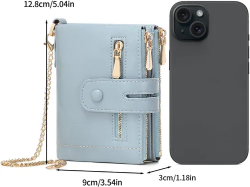 Miniatura 7 de AOXONEL Billeteras pequeñas de cuero plegable Rfid para mujer, billetera de viaje tamaño mediano con cadena de muñeca extraíble, ranuras