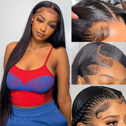 Peluca de cabello humano brasileño lacio con encaje frontal de 13 x 4 pulgadas, transparente HD, prearrancada con abuelitos (26 pulgadas)