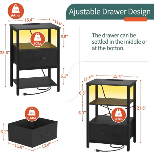 Miniatura 3 de Yoobure Mesa auxiliar con almacenamiento, mesita de noche LED con estación de carga, mesas auxiliares para sala de estar, mesita de noche para Negro