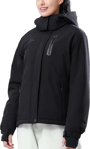 Miniatura 5 de CAMEL CROWN Chaqueta de esquí para mujer, impermeable, cálida, para invierno, con capucha, rompevientos, rompevientos, resistente al viento