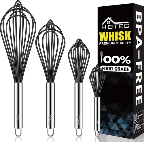 Miniatura 15 de HOTEC Juego de 4 batidores de silicona, batidores de alambre para cocinar huevos, batidor de mango antideslizante para utensilios de cocina