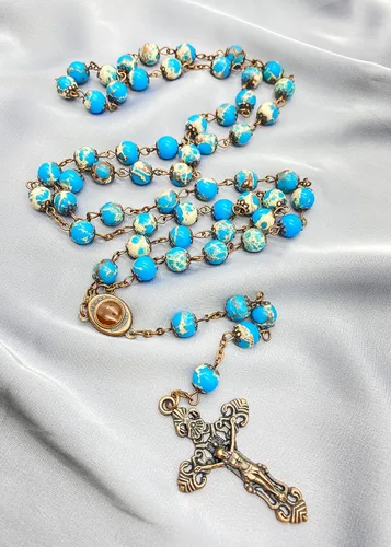 Miniatura 7 de Nazareth Store Collar de cuentas de jaspe azul océano con diseño vintage natural, medalla de suelo sagrado y cruz crucifijo rosarios religiosos