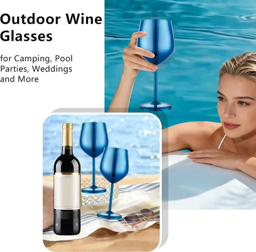 Miniatura 6 de UNISWEET Juego de 4 copas de vino de acero inoxidable irrompibles azules de 18 oz, copas de vino únicas de metal para exteriores, viajes, camping