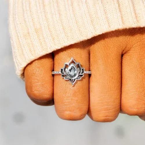 Miniatura 6 de Anillo de loto de plata de ley 925 auténtica, con diseño de flor de loto, para yoga, alto pulido, resistente al deslustre, con incrustaciones