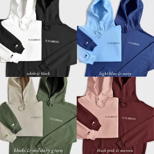 Miniatura 6 de WEAR PHYSIQUE Custom Roman Numeral Hoodie, Date & Initial Embroidery, Couples Gift, Unisex Anniversary Sweatshirt for Him/Her