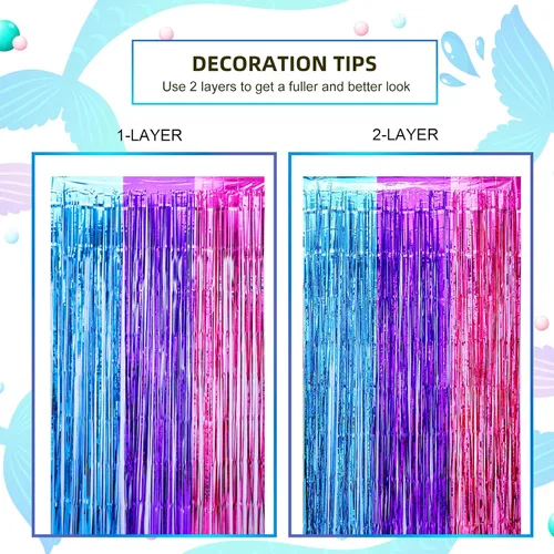 Miniatura 5 de LOLStar Decoraciones de cumpleaños de Sirenita, paquete de 2 cortinas de flecos de papel de aluminio de oropel azul púrpura fucsia de 3.3 x 6.6