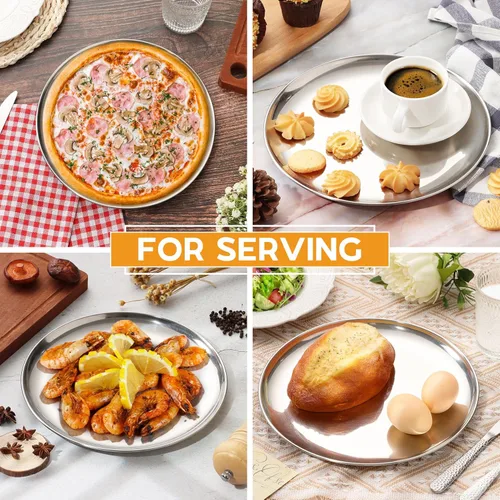 Miniatura 6 de P&P CHEF Bandeja redonda de acero inoxidable para pizza de 10 pulgadas, bandeja para hornear pizzas, bandeja para servir carne de galletas, horno