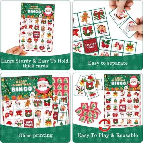 Miniatura 4 de OHOME Juegos de Navidad Bingo de Navidad para niños – 24 jugadores, manualidades de Navidad, actividades, regalos de fiesta para familias, regalos