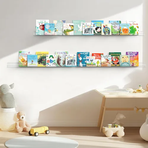 Miniatura 6 de HBlife Estantería flotante de pared invisible de 48 pulgadas para niños y guardería, estantes de acrílico transparente para figuras, 16 pulgadas
