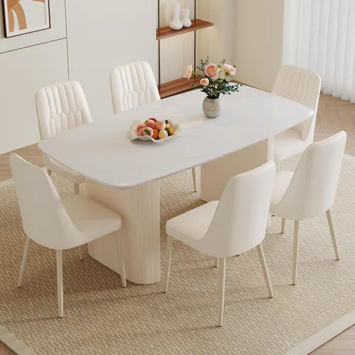 Miniatura 10 de Juego de mesa de comedor blanca para 4, juego de mesa de comedor de mármol de 67 pulgadas con mesa ovalada blanca crema de 3.5 pulgadas de grosor