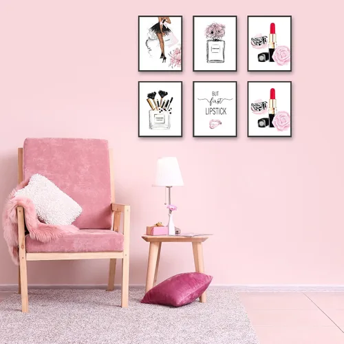 Miniatura 5 de HoozGee Juego de 6 impresiones artísticas de pared de moda, perfumes, pintalabios, pinturas de lienzo, pósteres de decoración de habitación de niñas