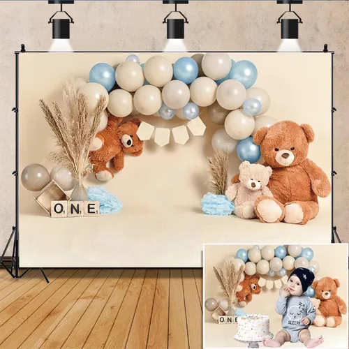 Miniatura 7 de Bear Newbown - Globo de ruptura de pastel de primer cumpleaños, decoración de fondo de bebé, estudio fotográfico, cartel de fiesta de primer