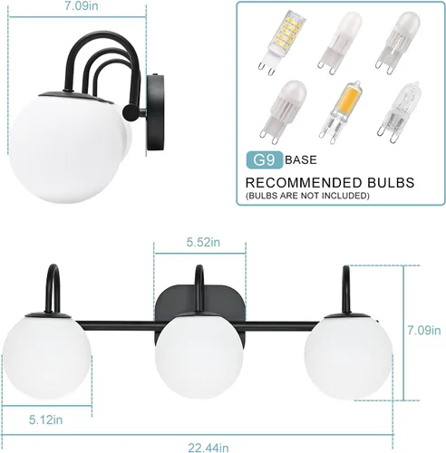 Miniatura 4 de Moderna lámpara negra para tocador de baño, accesorios de iluminación de 3 luces, marco y pantalla de globo de vidrio blanco leche, aplique de pared