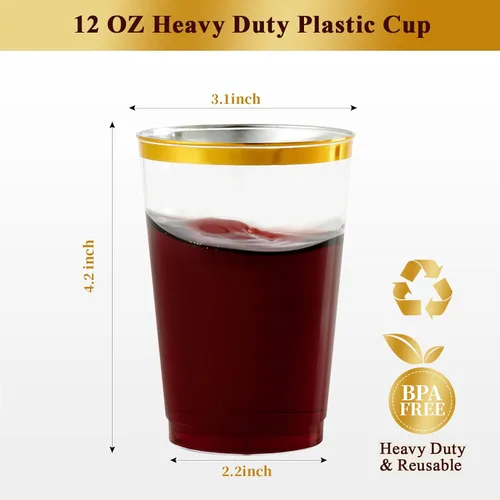 Miniatura 3 de Vplus Paquete de 150 vasos de plástico transparente reutilizables con borde dorado de 12 onzas, vasos desechables de plástico resistentes, perfectos