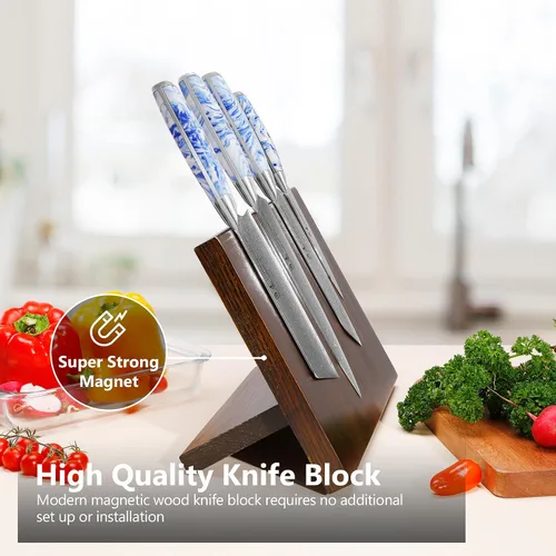Miniatura 2 de SHANGDAO Juego de cuchillos de cocina de Damasco con bloque magnético para cuchillos, 5 cuchillos de cocina afilados hechos de acero japonés