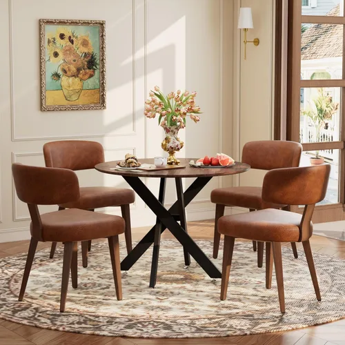 Miniatura 31 de Juego de mesa de comedor de madera para 2, mesa de cocina redonda de 36 pulgadas con 2 sillas de comedor Boucle, mesa de MDF con patas de metal