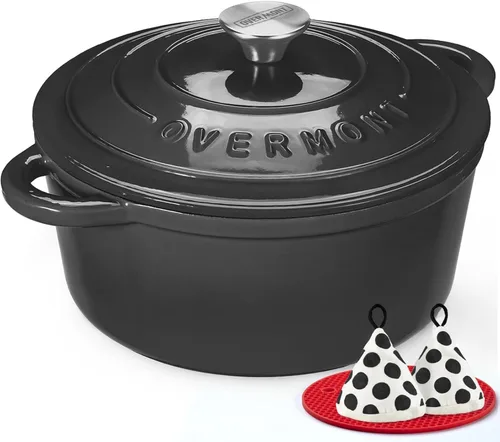 Miniatura 21 de Overmont Horno holandés de hierro fundido esmaltado, olla de 5.5 cuartos de galón con tapa de asas anchas, libro de cocina y agarraderas de algodón