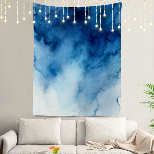 Miniatura 70 de Shrahala Tapiz de pared azul brillante, acuarela azul degradado para colgar en la pared, tapiz grande decorativo de fibra de poliéster, dobladillo
