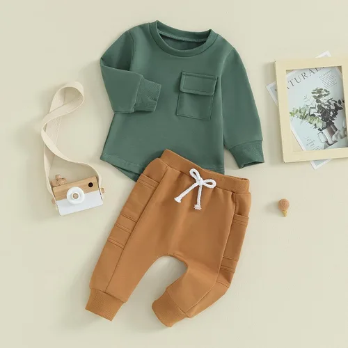 Miniatura 40 de Kuriozud Conjunto de 2 piezas de sudadera con cuello redondo y pantalones deportivos para niños pequeños para otoño e invierno