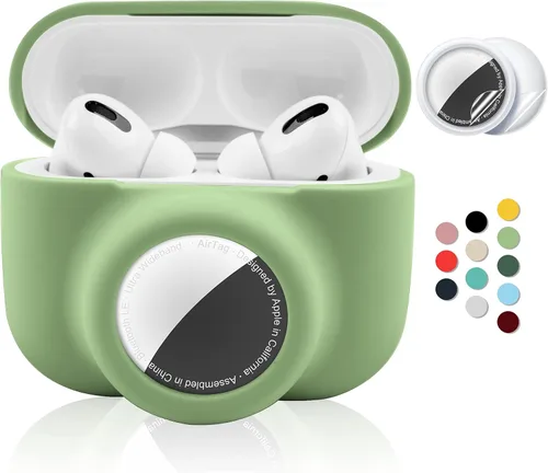 Funda protectora 2 en 1 para Apple AirPods Pro Air Tag Combo funda de silicona suave Airpods Pro AirTag con 2 protectores de pantalla, antiarañazos,