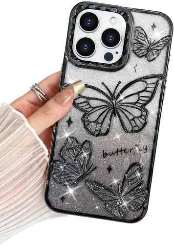 BITOBE Diseñada para iPhone 15 Pro Max, bonita funda de mariposa 3D chapada en purpurina delgada para mujeres y niñas, protección de cámara, Negro