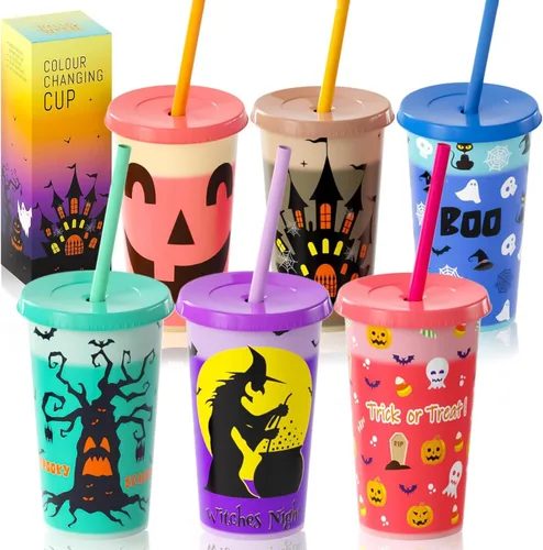 OOINQQ Vasos que cambian de color de Halloween para niños, 6 vasos de plástico de 12 onzas con tapa y popote en 6 colores para café, té, bebidas