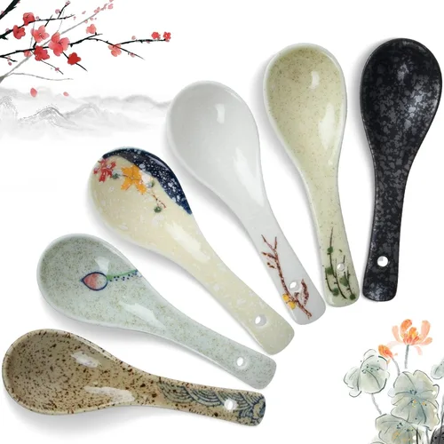 6 Piezas de Cucharas de Sopa de Cerámica Japonesa Retro, Cucharas de Sopa Asiáticas, Cucharas de Arroz de Estilo Japonés, Cubiertos Planos, Cucharas