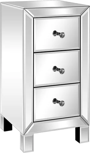 Miniatura 9 de VINGLI Mesita de noche con espejo con 3 cajones, mesa auxiliar plateada con espejo para espacios pequeños, dormitorio, sala de estar