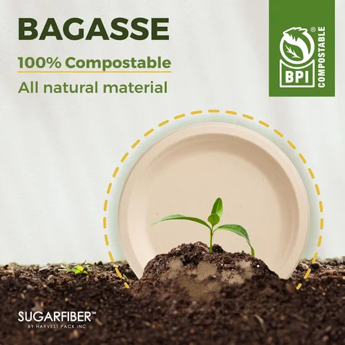 Miniatura 7 de Bagasse Platos redondos, desechables, de fibra de caña de azúcar natural (bambú), de 9 pulgadas, ecológicos, que pueden transformarse en abono.