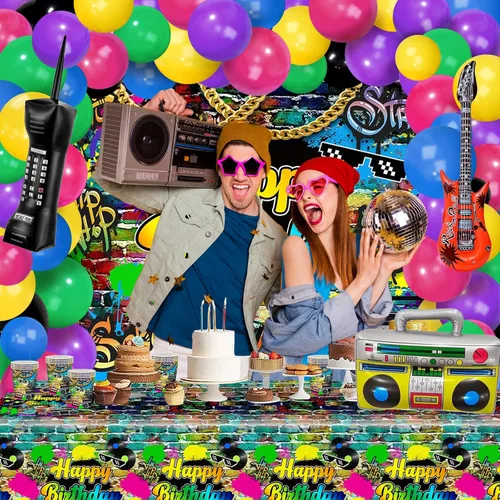 Miniatura 4 de Decoraciones de cumpleaños de los años 80, 280 piezas, globos de fondo de regreso a los años 80 y 90, platos de hip hop, servilletas, tazas