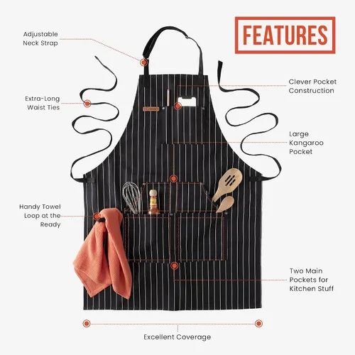 Miniatura 2 de Chef Pomodoro Delantal de chef para hombre y mujer, delantal de cocina con bolsillos y correas ajustables para el cuello, delantal de cocina 100%