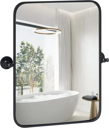 Tangkula Espejo pivote de 30 x 22 pulgadas, espejo de baño inclinable con película inastillable, soportes de pared, espejo enmarcado para montaje en
