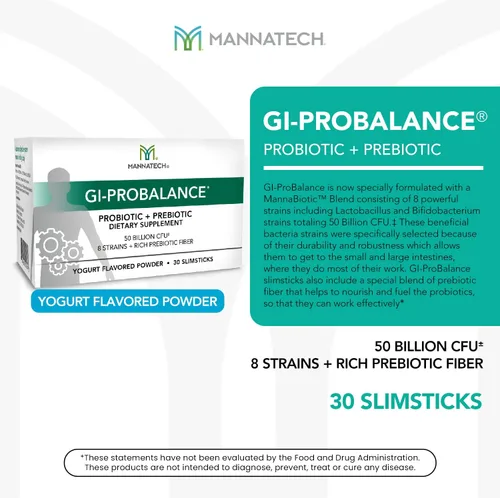 Miniatura 3 de Mannatech Prebióticos y probióticos, 30 slimsticks, sabor a yogur, GI-ProBalance con mezcla MannaBiótica, polvo pre y probióticos para la salud