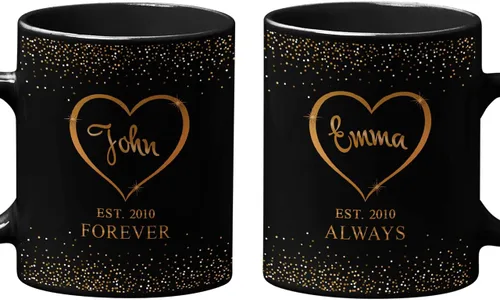 Tazas de café de cerámica personalizadas corazón dorado, nombre personalizado y est. para parejas, conjunto de dos, cumpleaños, aniversario, regalo
