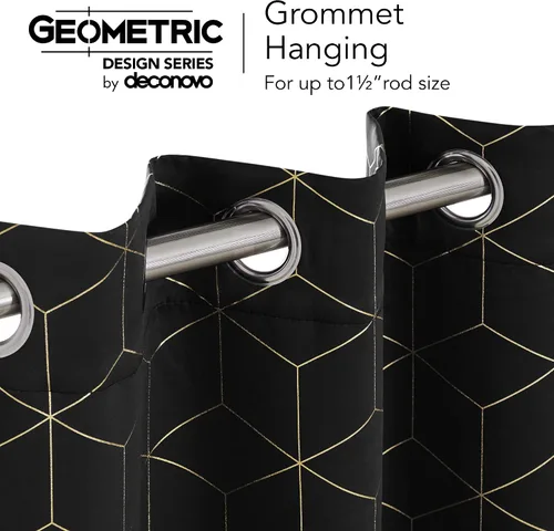Miniatura 6 de Deconovo Cortinas opacas, aislamiento térmico y reducción de ruido, estampado de lámina de diamante – ojales en la parte superior, 2 paneles, Negro