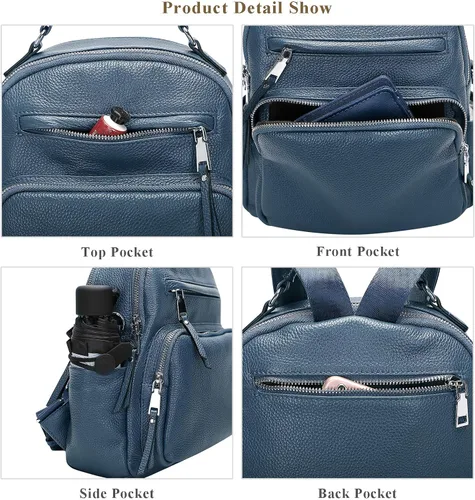 Miniatura 6 de ALTOSY Mochila de cuero genuino para mujer, pequeña mochila convertible bolso para damas, bolso de hombro 4 en 1 para llevar, azul, (Linen Blue)