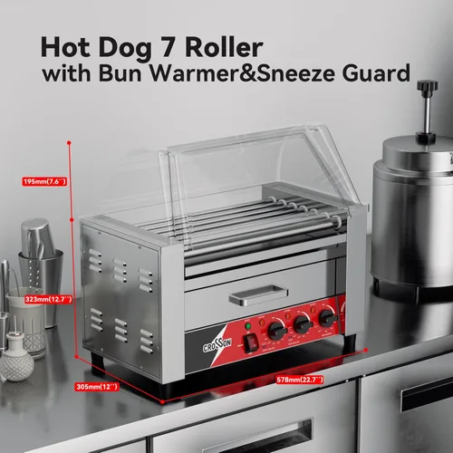 Miniatura 6 de CROSSON Hot Dog 7 Roller con calentador de bollo y protector transparente de estornudos, 7 antiadherente 304 rodillo parrilla cocina máquina