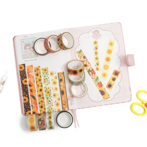 Miniatura 7 de Juego de 10 rollos de cinta washi de girasol, estampado floral, cintas decorativas para manualidades, diarios, planificadores, álbumes de recortes