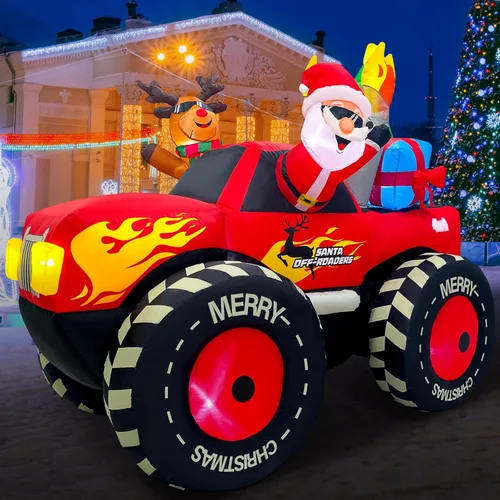 EAONE Decoración inflable de Navidad de 7 pies para exteriores, Papá Noel inflable y renos en Monster Truck, decoración de patio inflable con luces